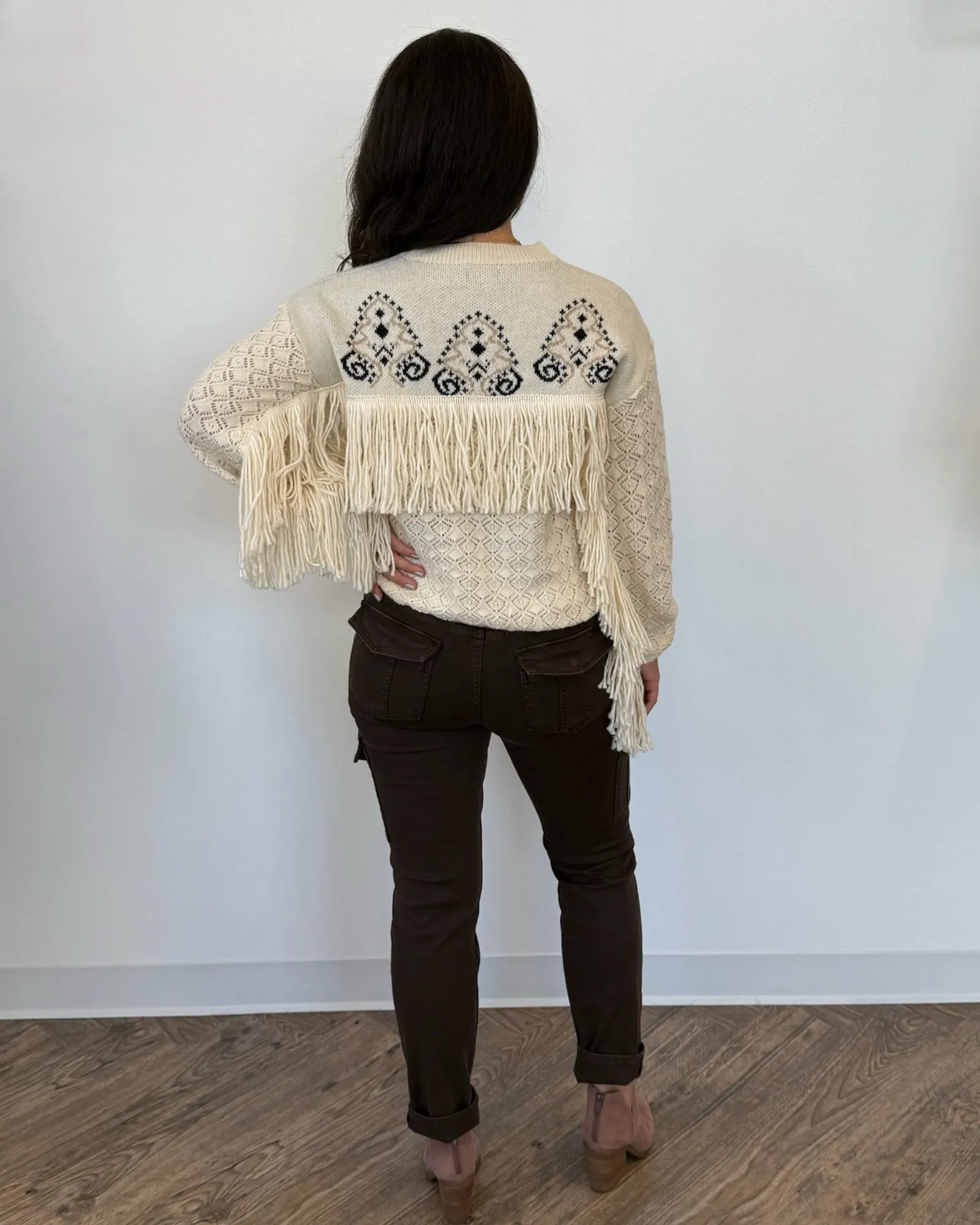 Mika Jacquard Knit Sweater with Fringe Details