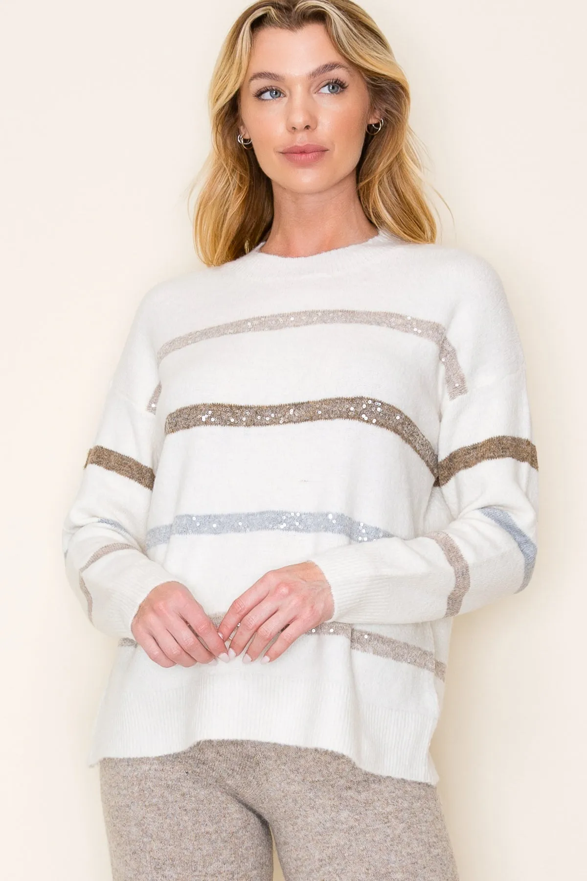 Mocha & Gray Striped Sequin Sweater