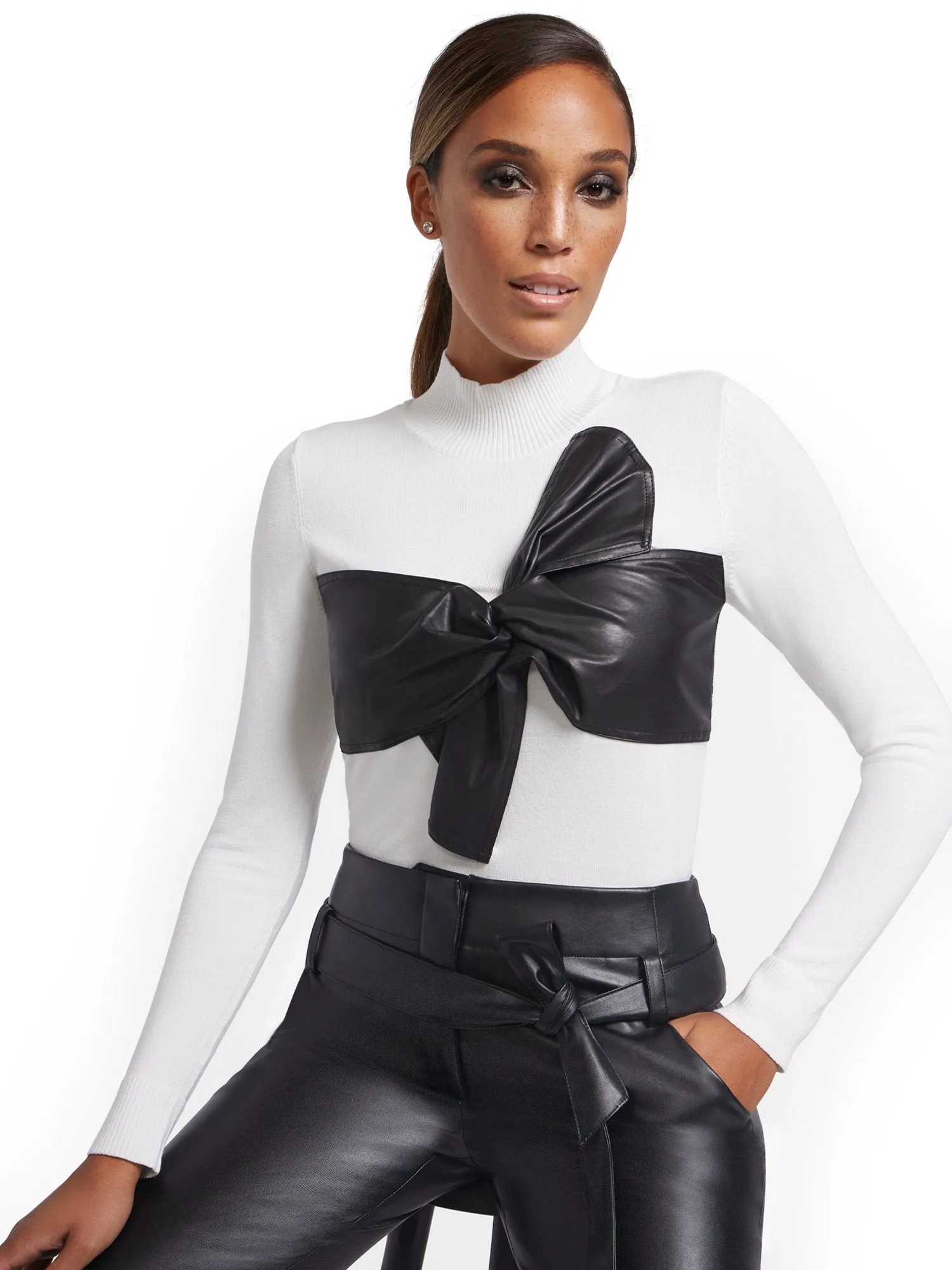 Mock-Neck Sweater with Faux-Leather Bow