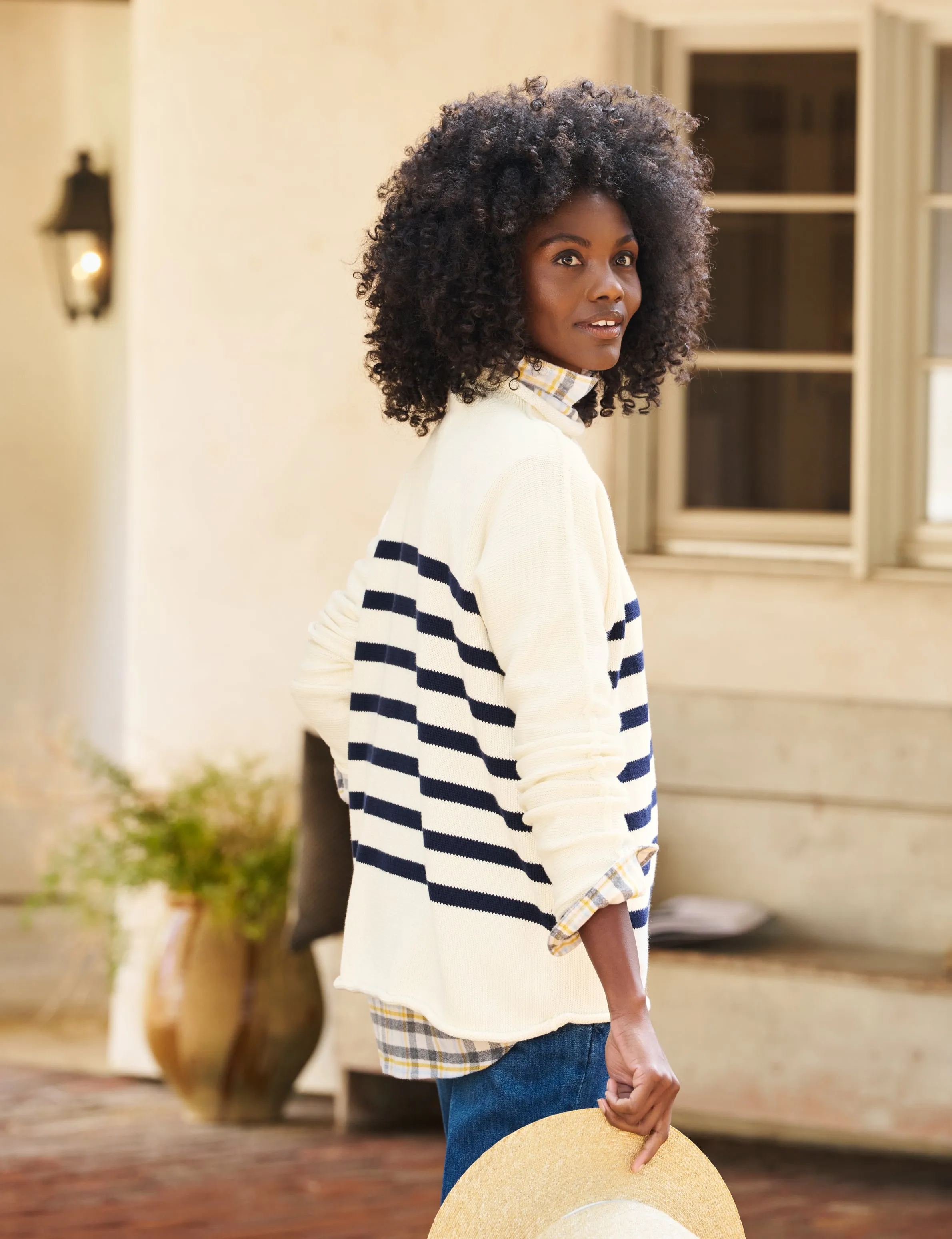 MONTEREY Cream with Navy Stripe, Pure Italian Cotton