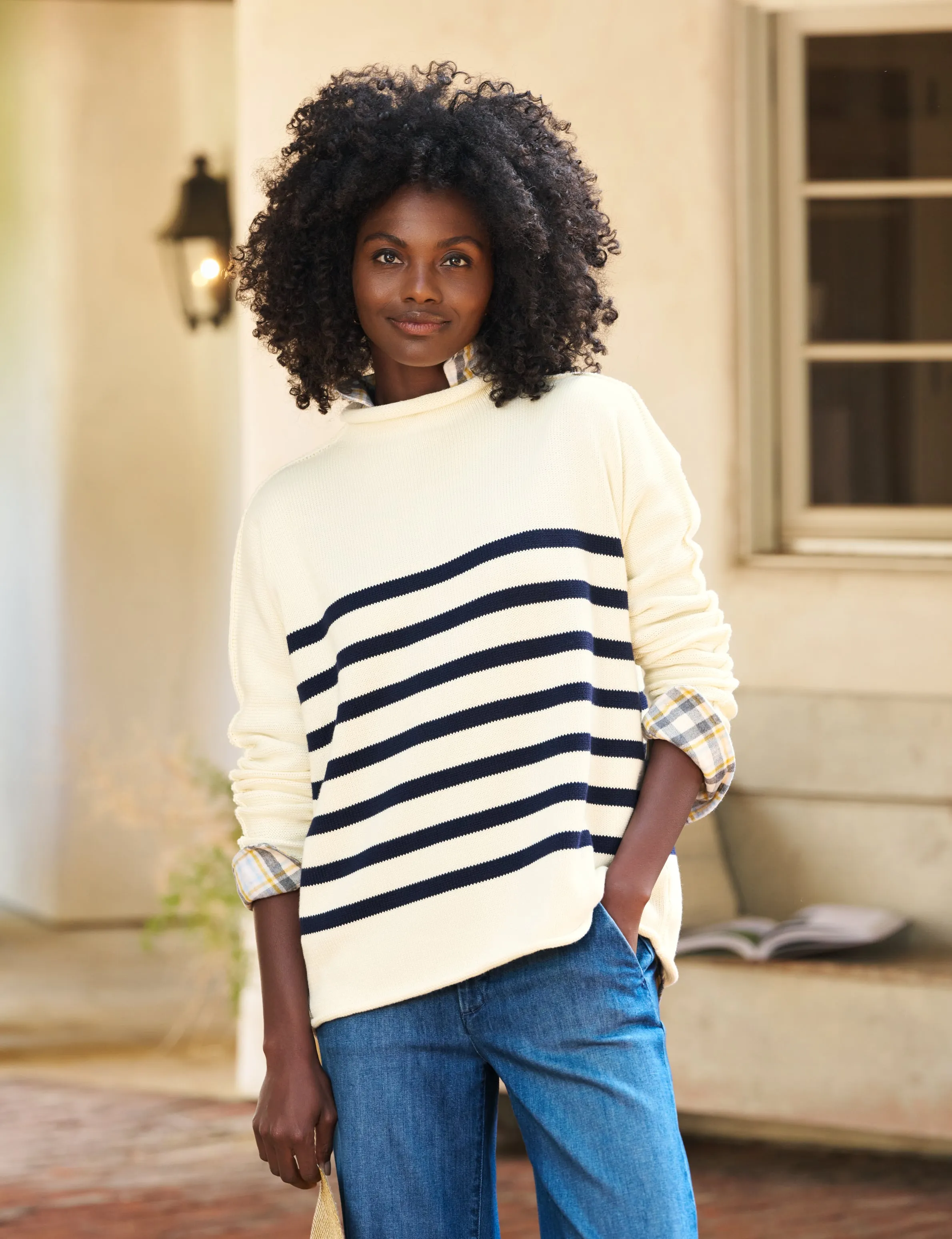 MONTEREY Cream with Navy Stripe, Pure Italian Cotton