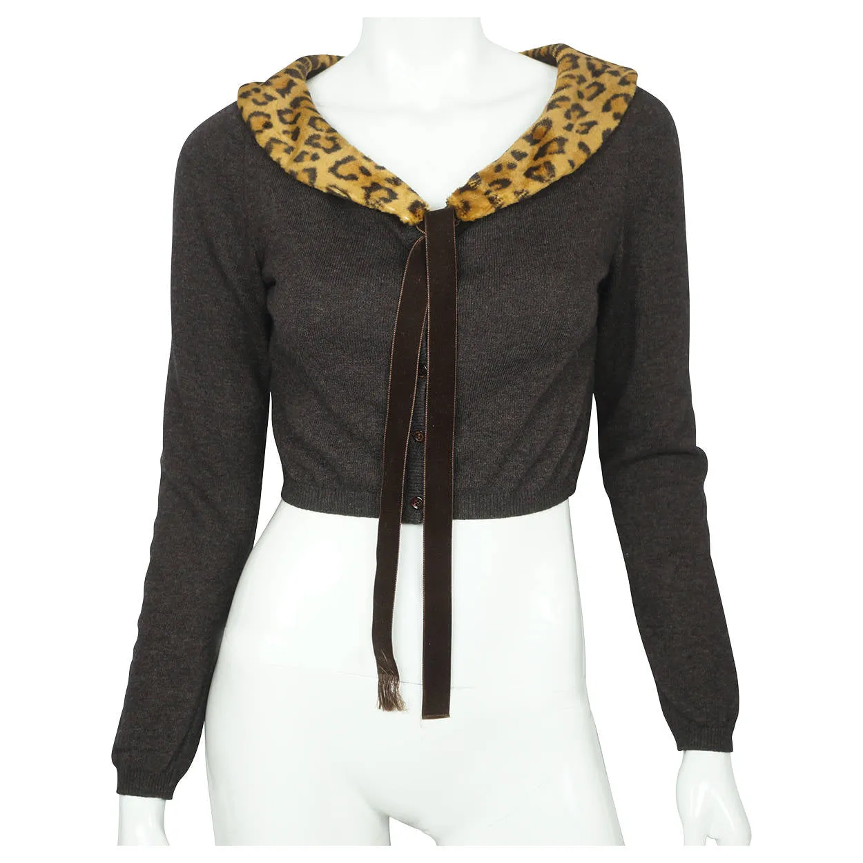 Moschino Cheap and Chic Sweater Cropped Cardigan w Leopard Print Collar M Italy