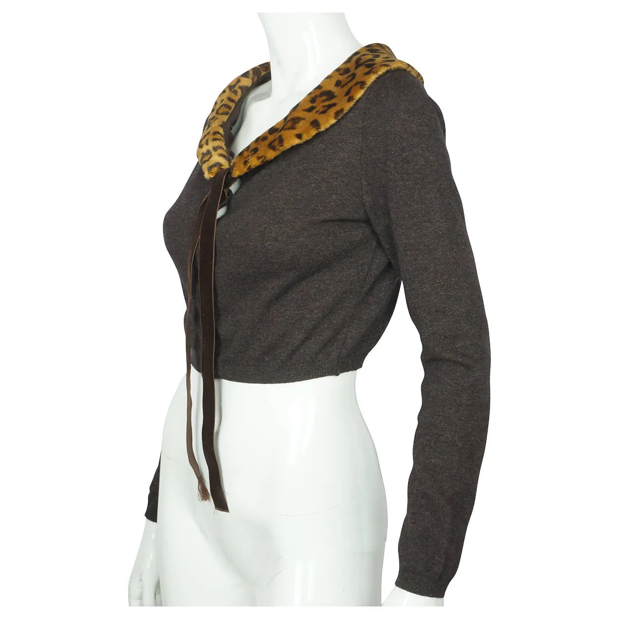 Moschino Cheap and Chic Sweater Cropped Cardigan w Leopard Print Collar M Italy