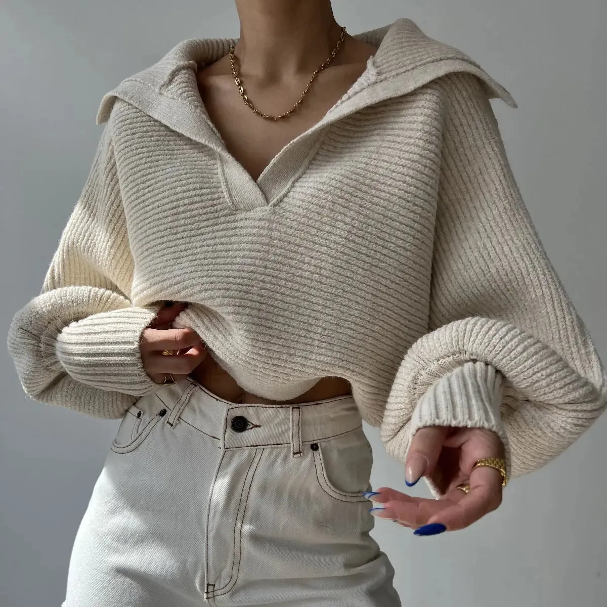 New Knitted Sweatshirt Lapel Pullover