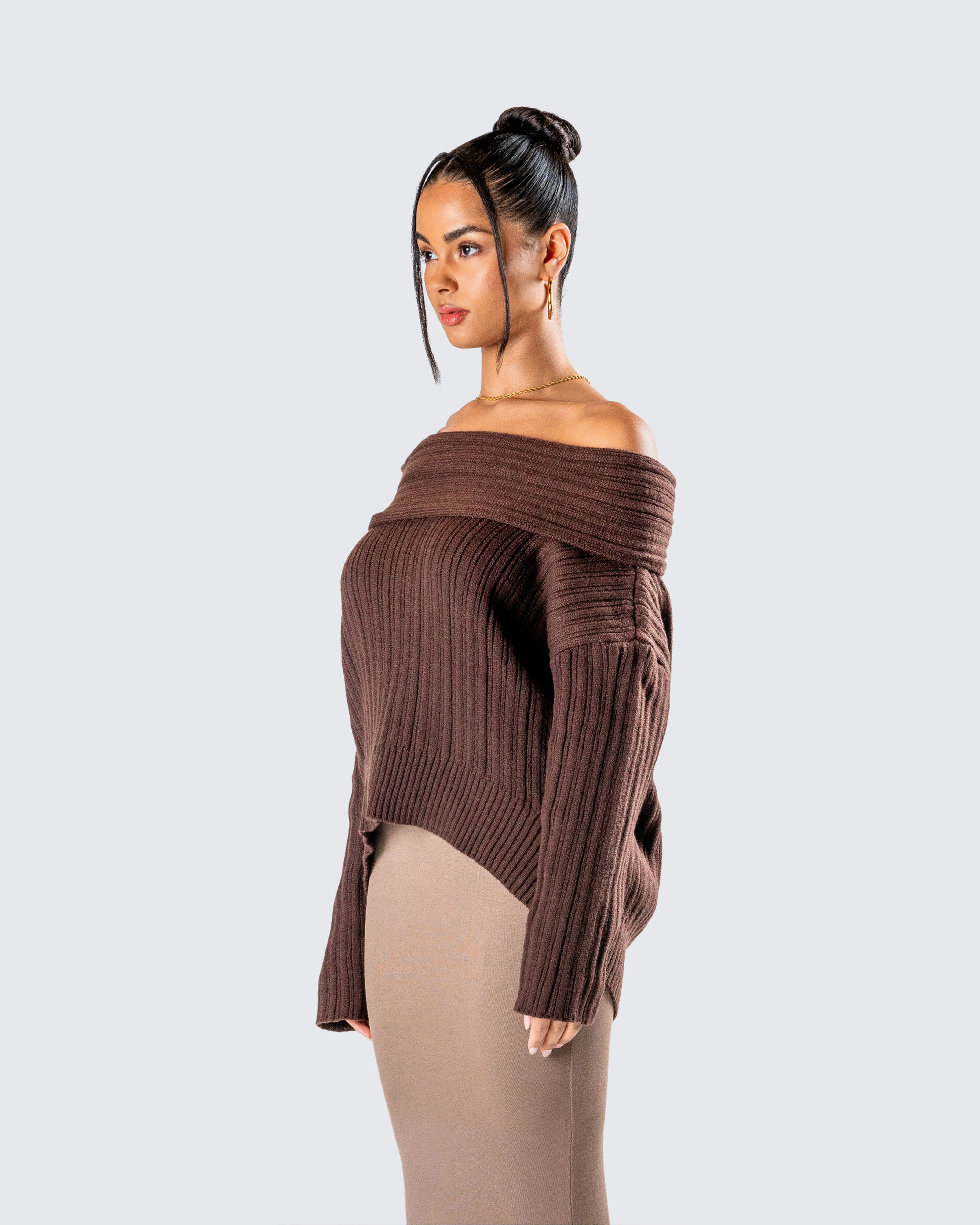 Nyx Brown Off Shoulder Sweater Top