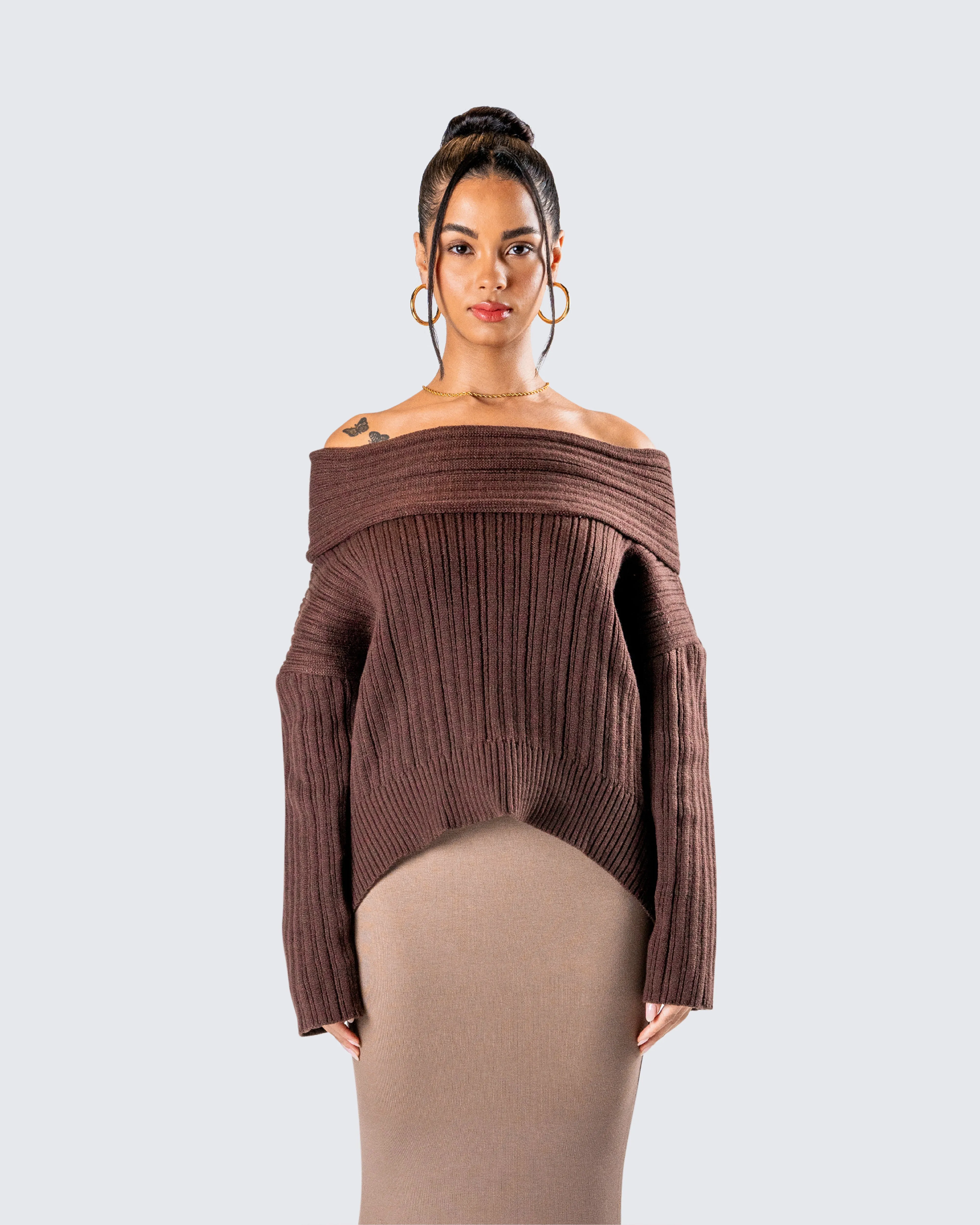 Nyx Brown Off Shoulder Sweater Top