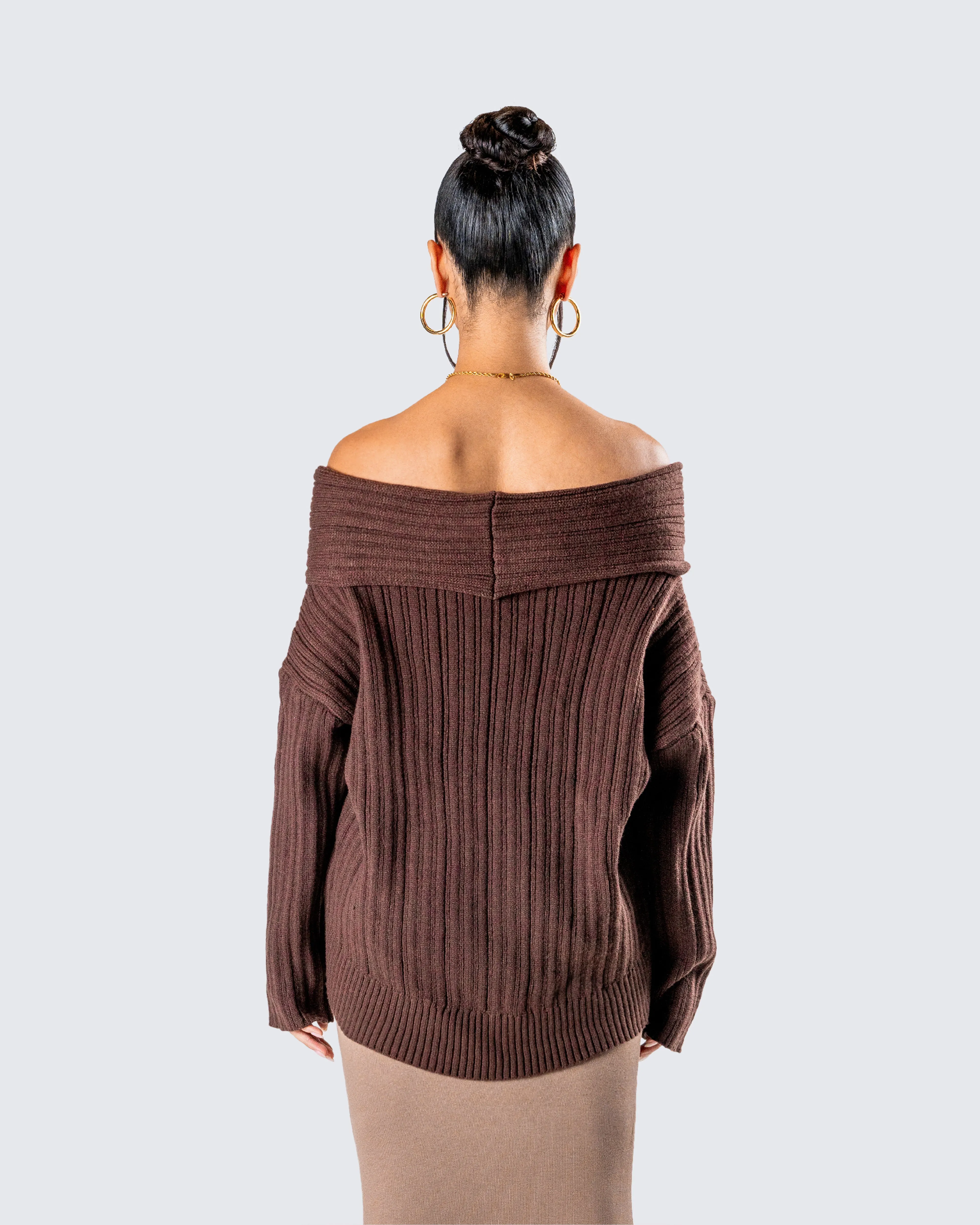 Nyx Brown Off Shoulder Sweater Top