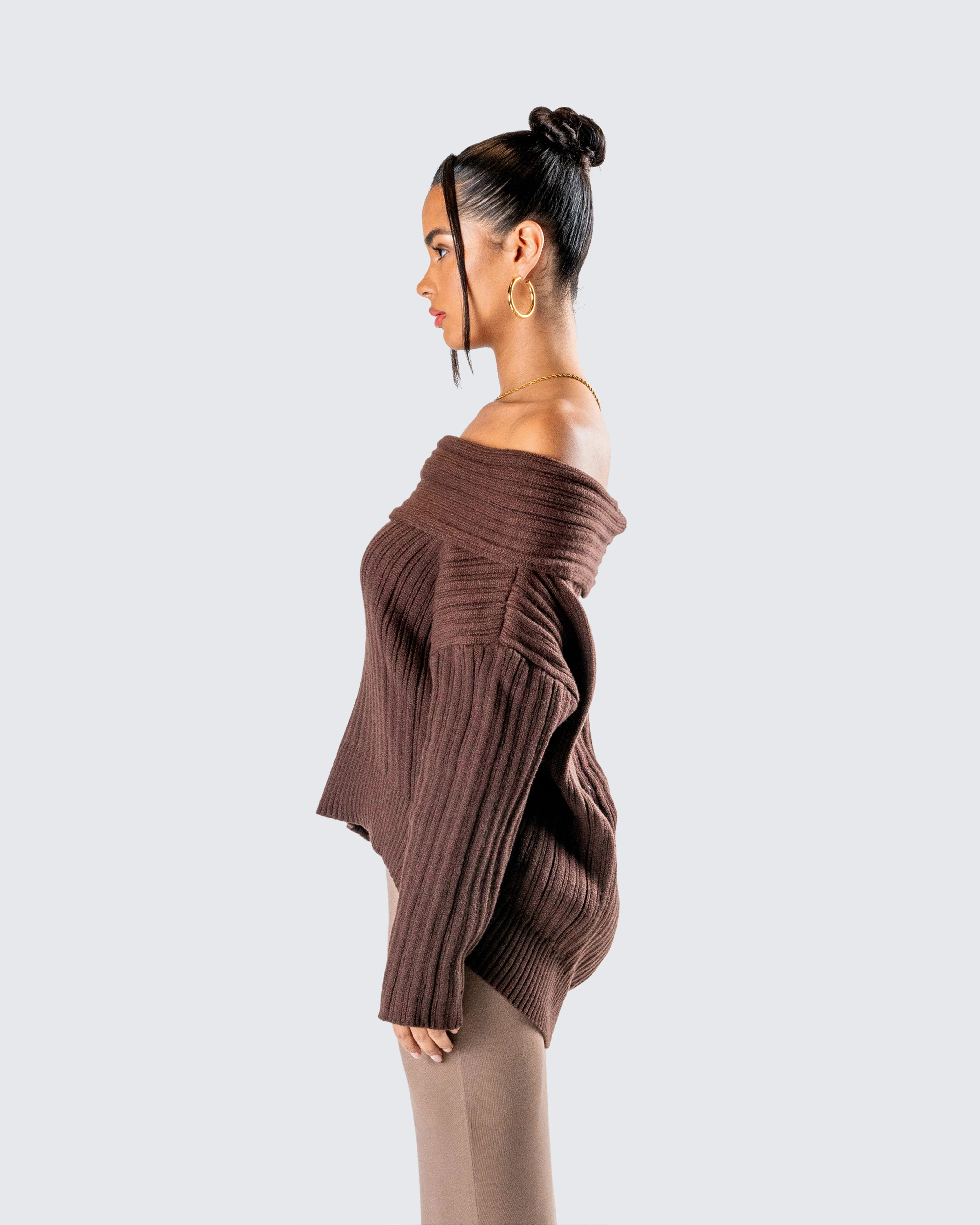 Nyx Brown Off Shoulder Sweater Top