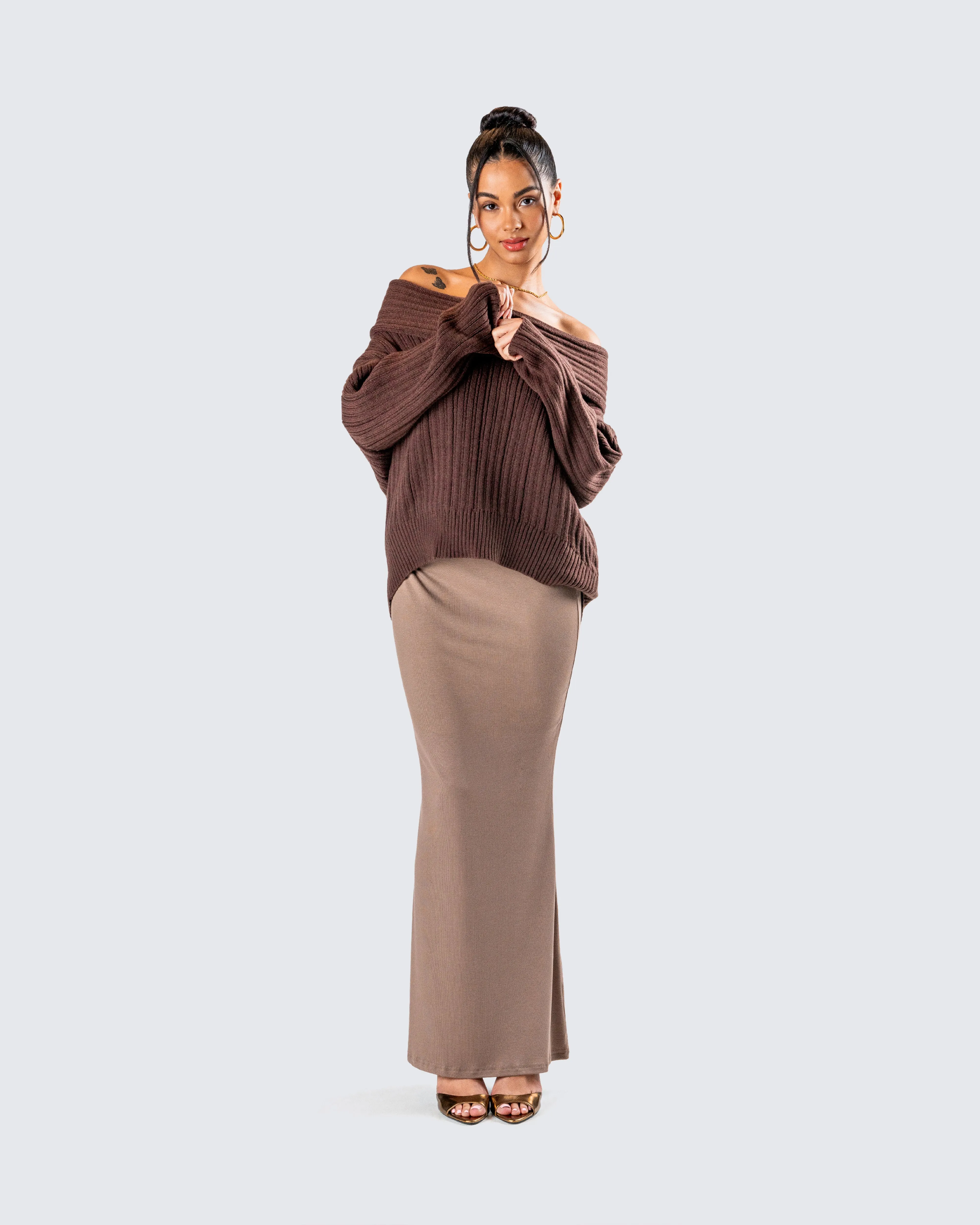 Nyx Brown Off Shoulder Sweater Top