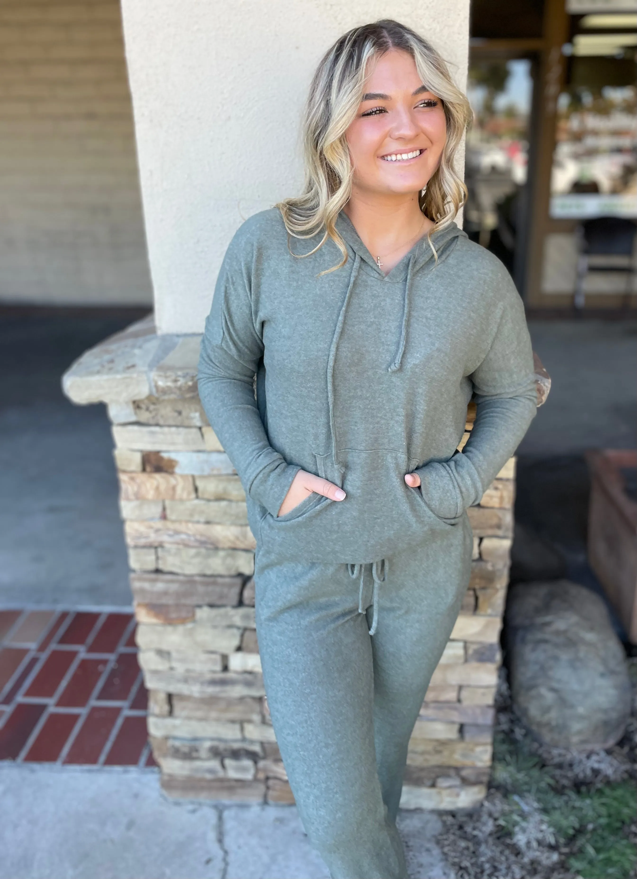 Olive Green Brushed Long Sleeve Hoodie Kangaroo Pocket Loungewear Sweater