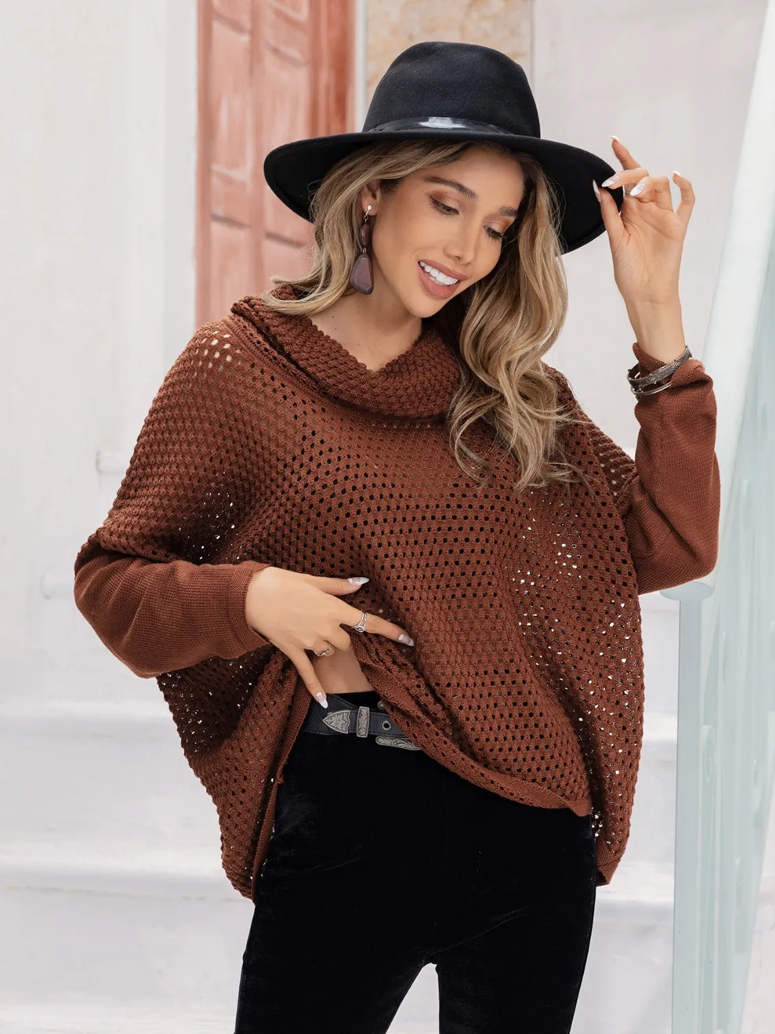 Openwork Mock Neck Dropped Shoulder Sweater