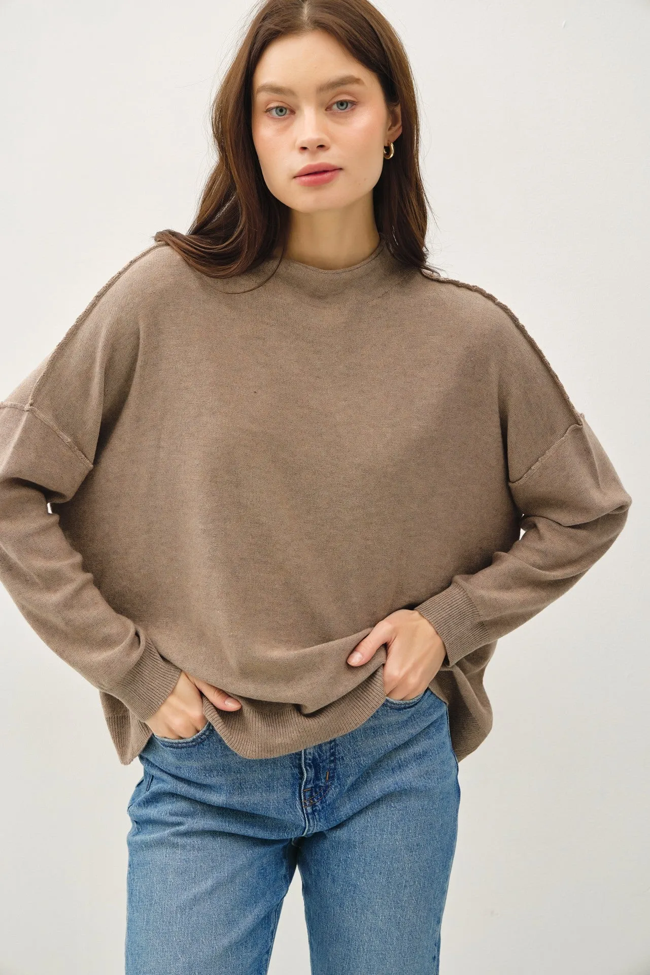 Oversized Mock Neck Sweater with Raised Seam