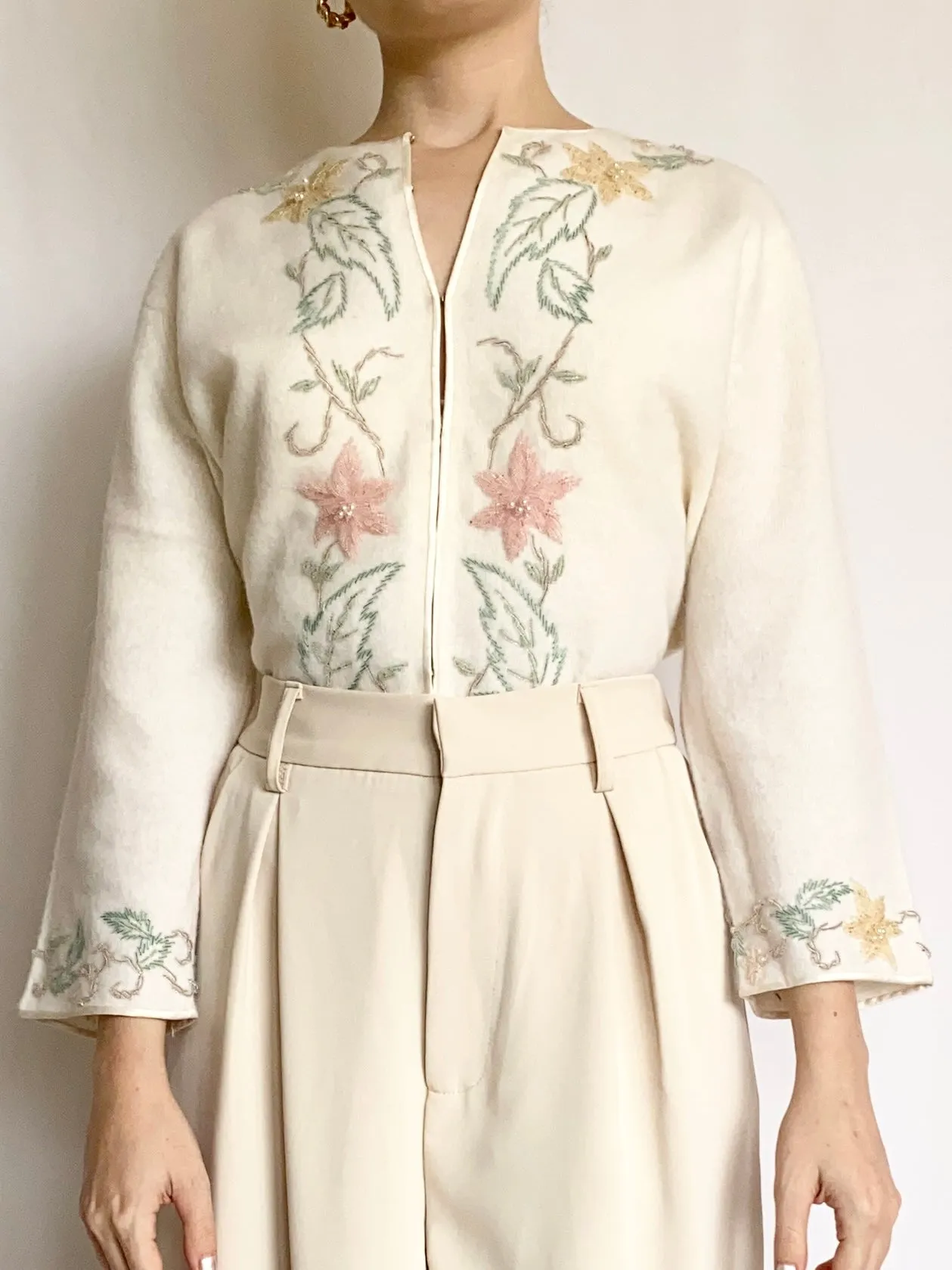 Pastel Flowers 1950s Hand Beaded Cardigan (S/M)