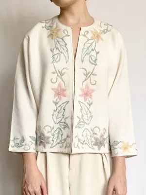 Pastel Flowers 1950s Hand Beaded Cardigan (S/M)