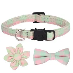 PAWS ASIA Manufacturers Soft Cotton Fancy Tartan Cat Dog Collar Leash Set With Bow Flower