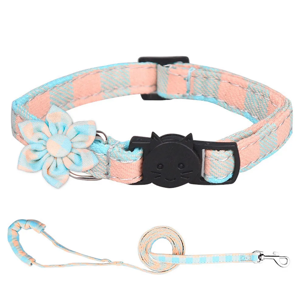 PAWS ASIA Manufacturers Soft Cotton Fancy Tartan Cat Dog Collar Leash Set With Bow Flower