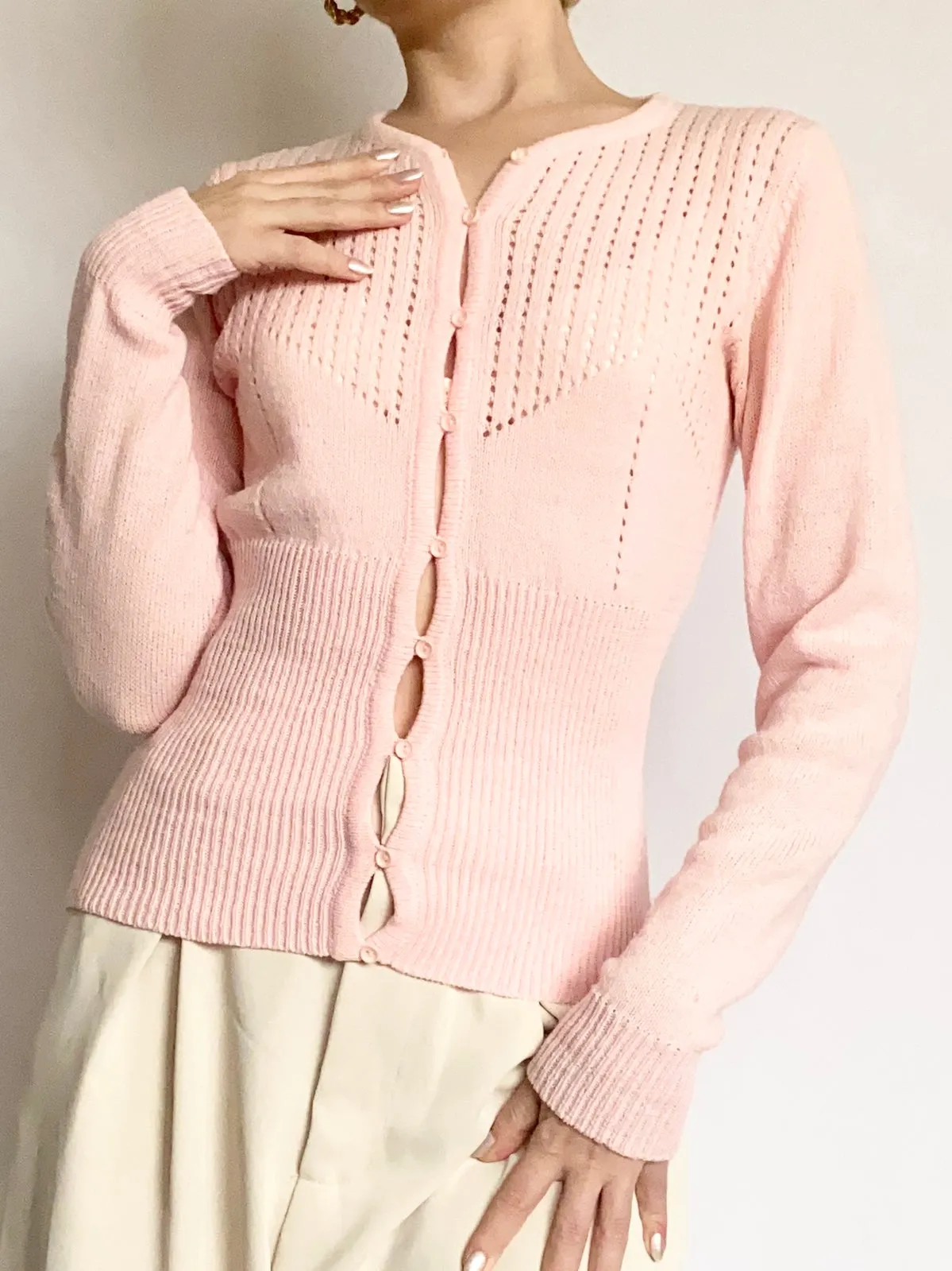 Pink 1950s Pointelle Cardigan (XS)