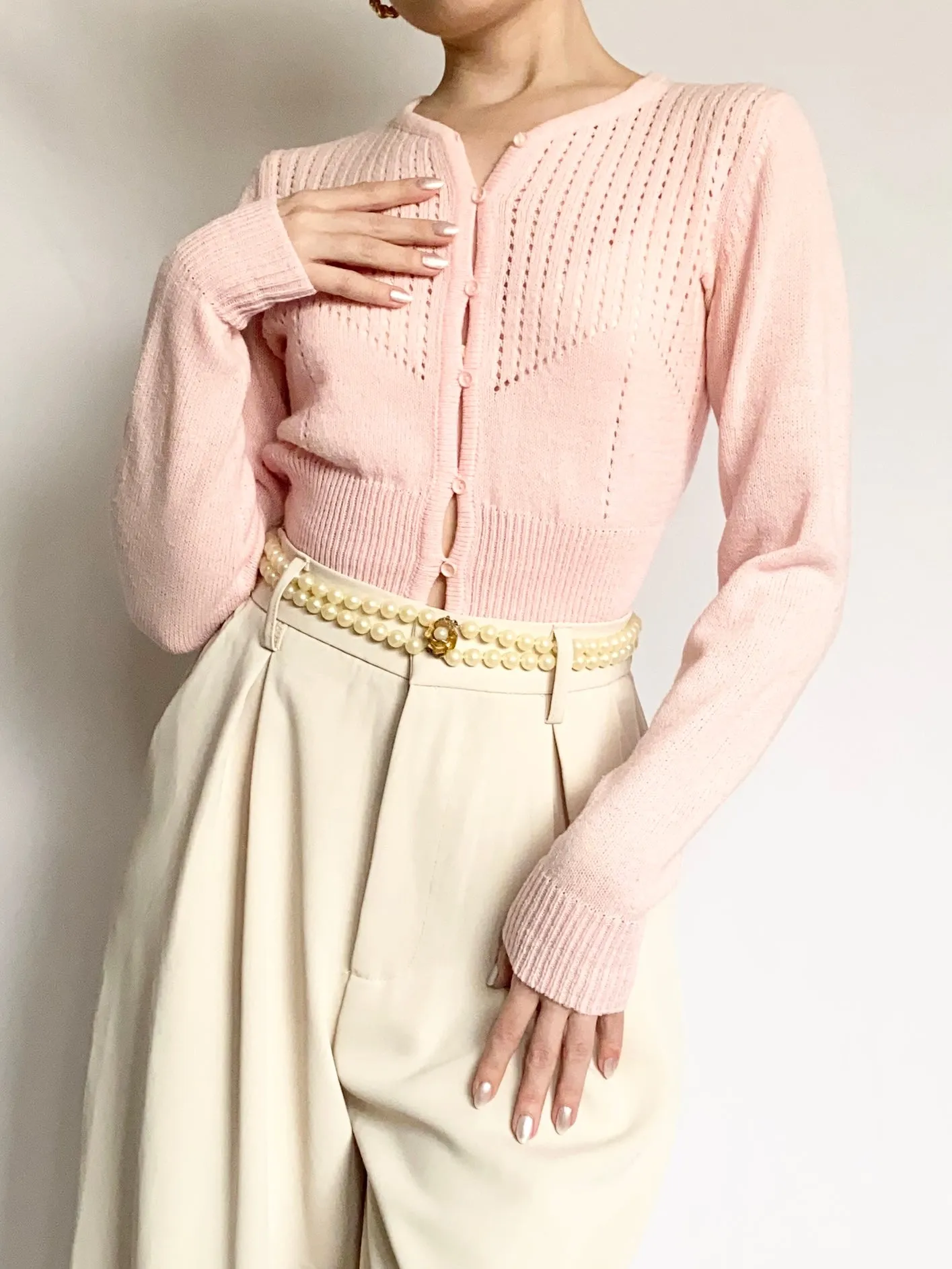 Pink 1950s Pointelle Cardigan (XS)