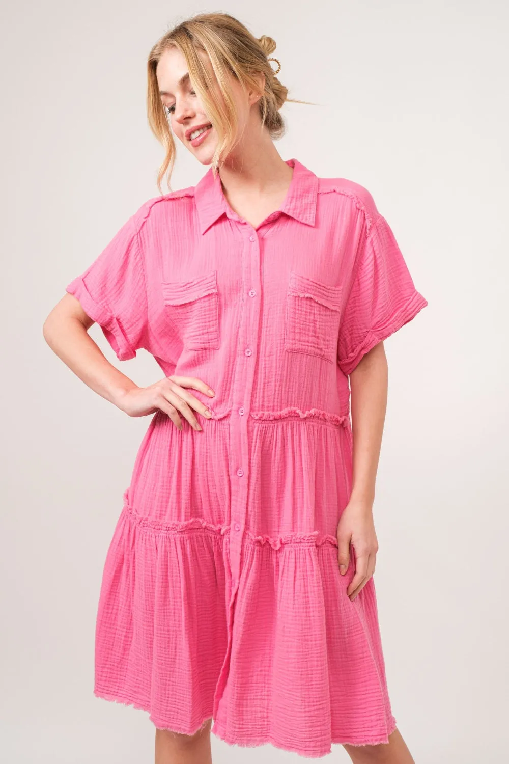 Pink Casual Dress Petite and Plus Size Women's Fashion Tiered Shirt Dress 100% Cotton KESLEY