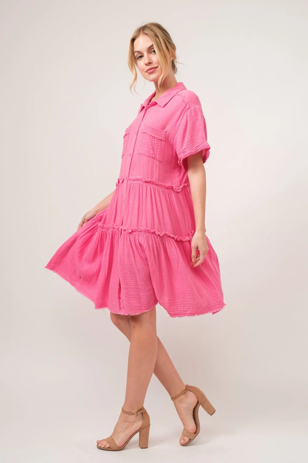 Pink Casual Dress Petite and Plus Size Women's Fashion Tiered Shirt Dress 100% Cotton KESLEY