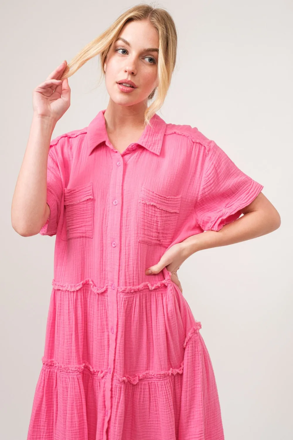 Pink Casual Dress Petite and Plus Size Women's Fashion Tiered Shirt Dress 100% Cotton KESLEY