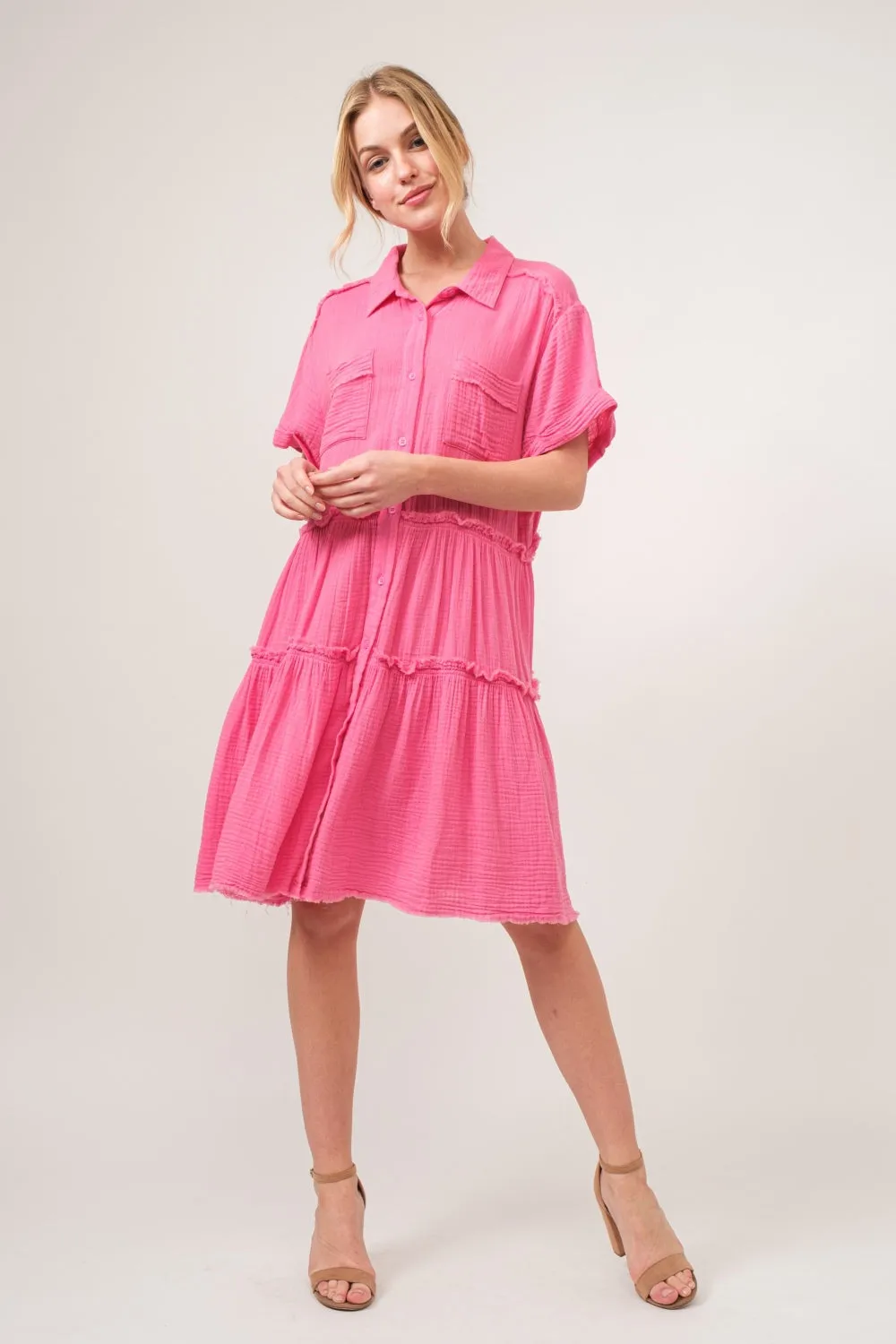 Pink Casual Dress Petite and Plus Size Women's Fashion Tiered Shirt Dress 100% Cotton KESLEY