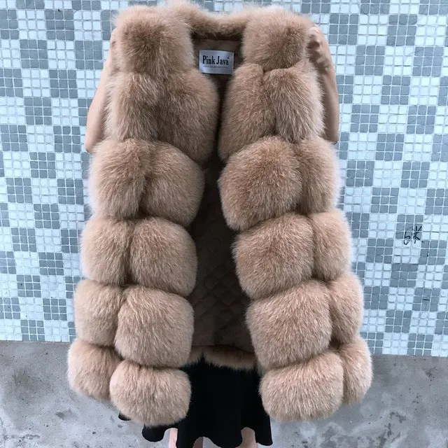 Pink Java QC8046 BIG SALE FREE SHIPPING  hot new  natural fox fur long vest  real fox fur gilet winter high quality women fox