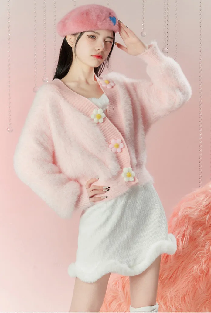 Pink Knitted V-Neck Floral Jacket PL52921