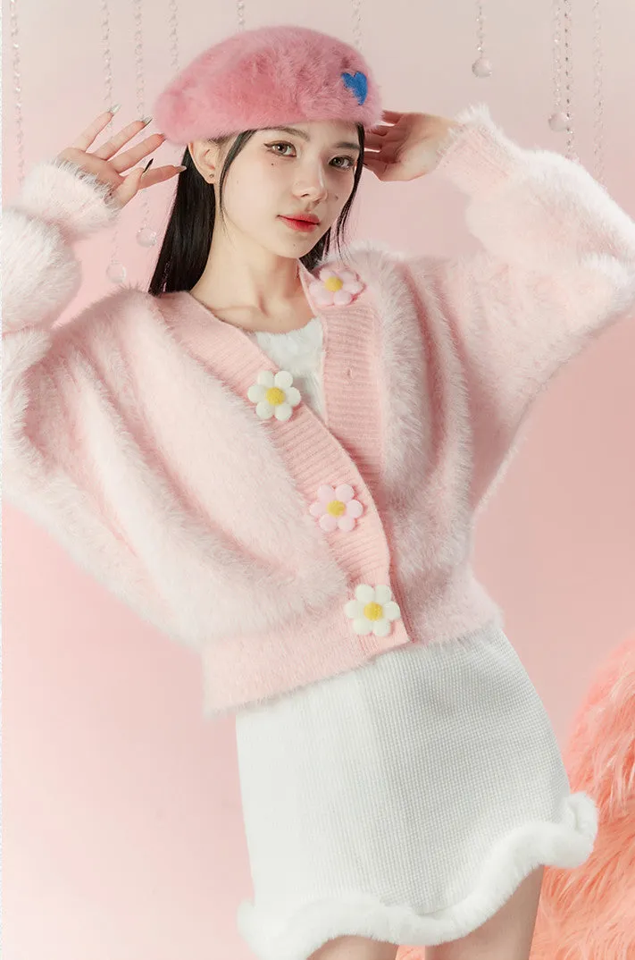 Pink Knitted V-Neck Floral Jacket PL52921