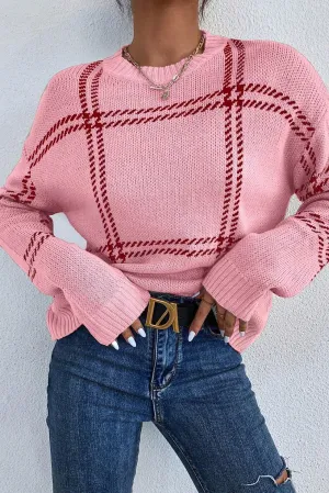 PINK Plaid Drop Shoulder Sweater