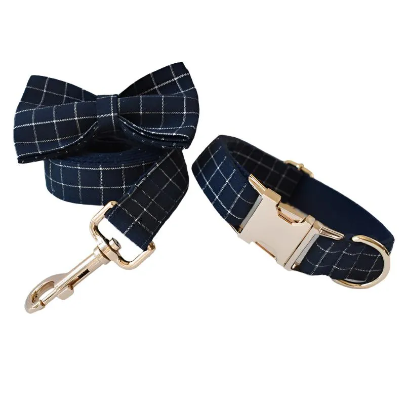 Plaid Collar with Detachable Bow Tie Personalized Leash Set