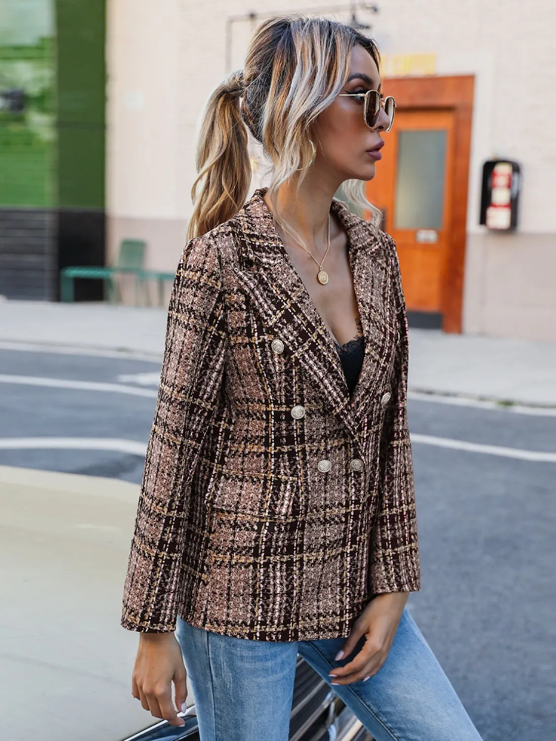 Plaid Lapel Collar Blazer