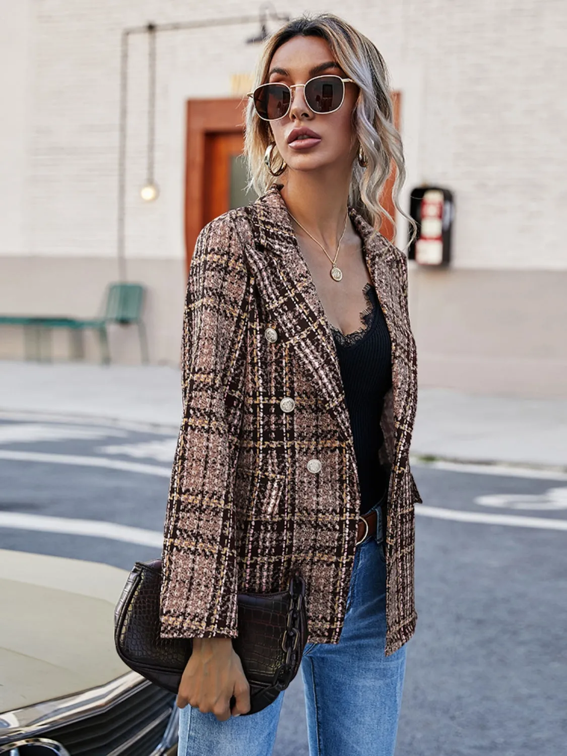 Plaid Lapel Collar Blazer