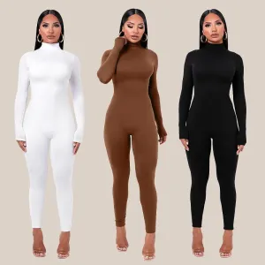 Plain Color Solid Turtleneck Long Sleeve Bodycon Jumpsuit