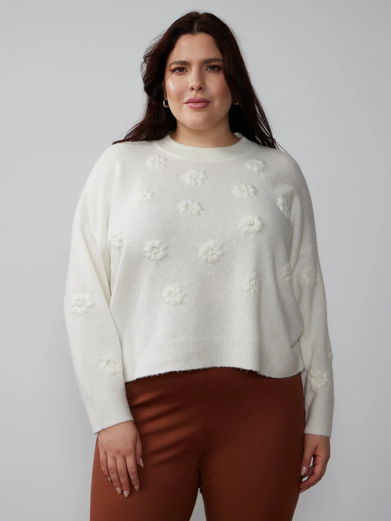 Plus Long Sleeve Embroidered Floral Sweater