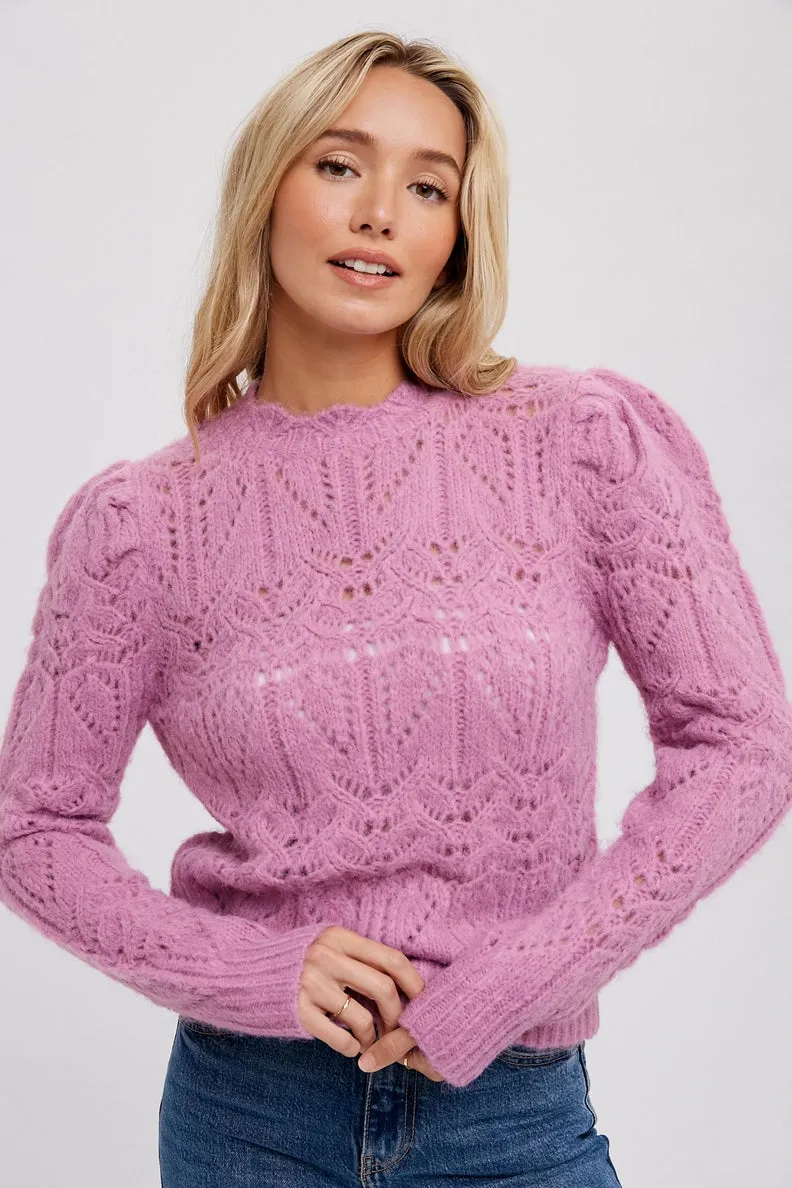 Pointelle Puff Sleeve Sweater - Lavender