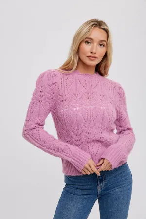 Pointelle Puff Sleeve Sweater - Lavender