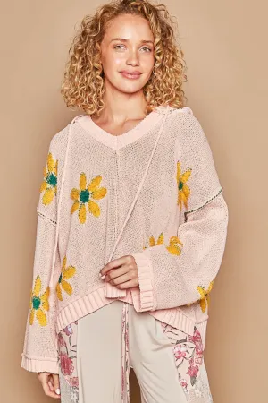 POL Floral Pattern Hooded High-Low Sweater