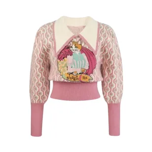 Pre Order:  Vintage Cat Jacquard Embroidery Knitted Casual Sweater