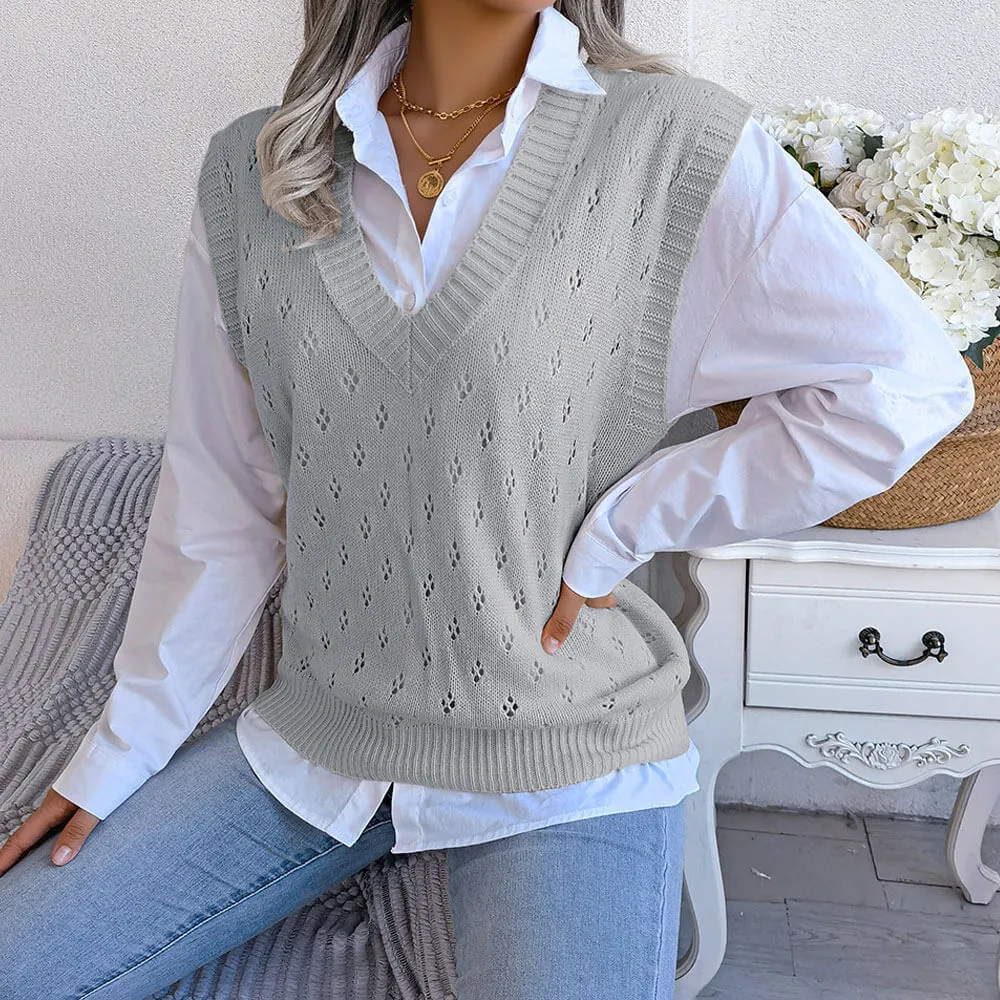 Pretty V Neck Diamond Pointelle Knit Pullover Sweater Vest