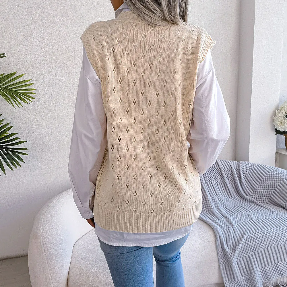 Pretty V Neck Diamond Pointelle Knit Pullover Sweater Vest