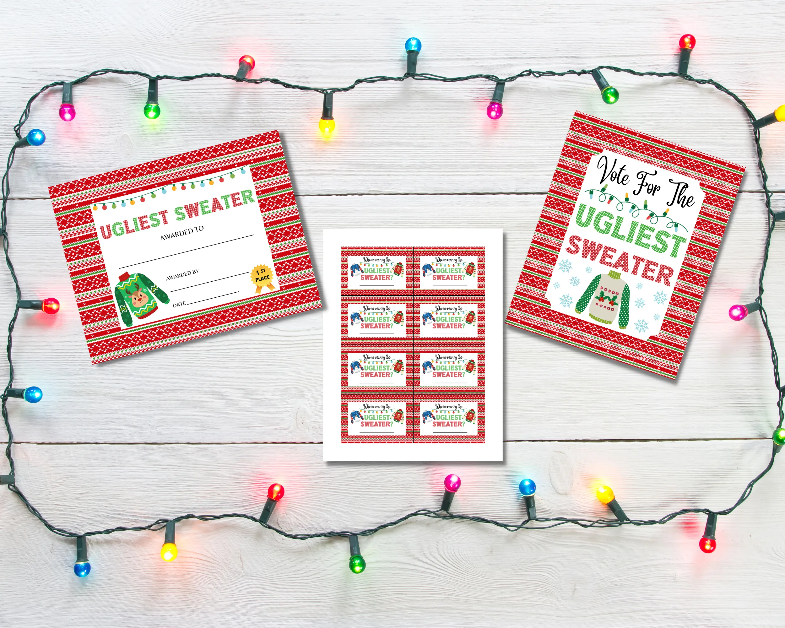 Printable Ugly Sweater Award, Voting Cards, and Sign