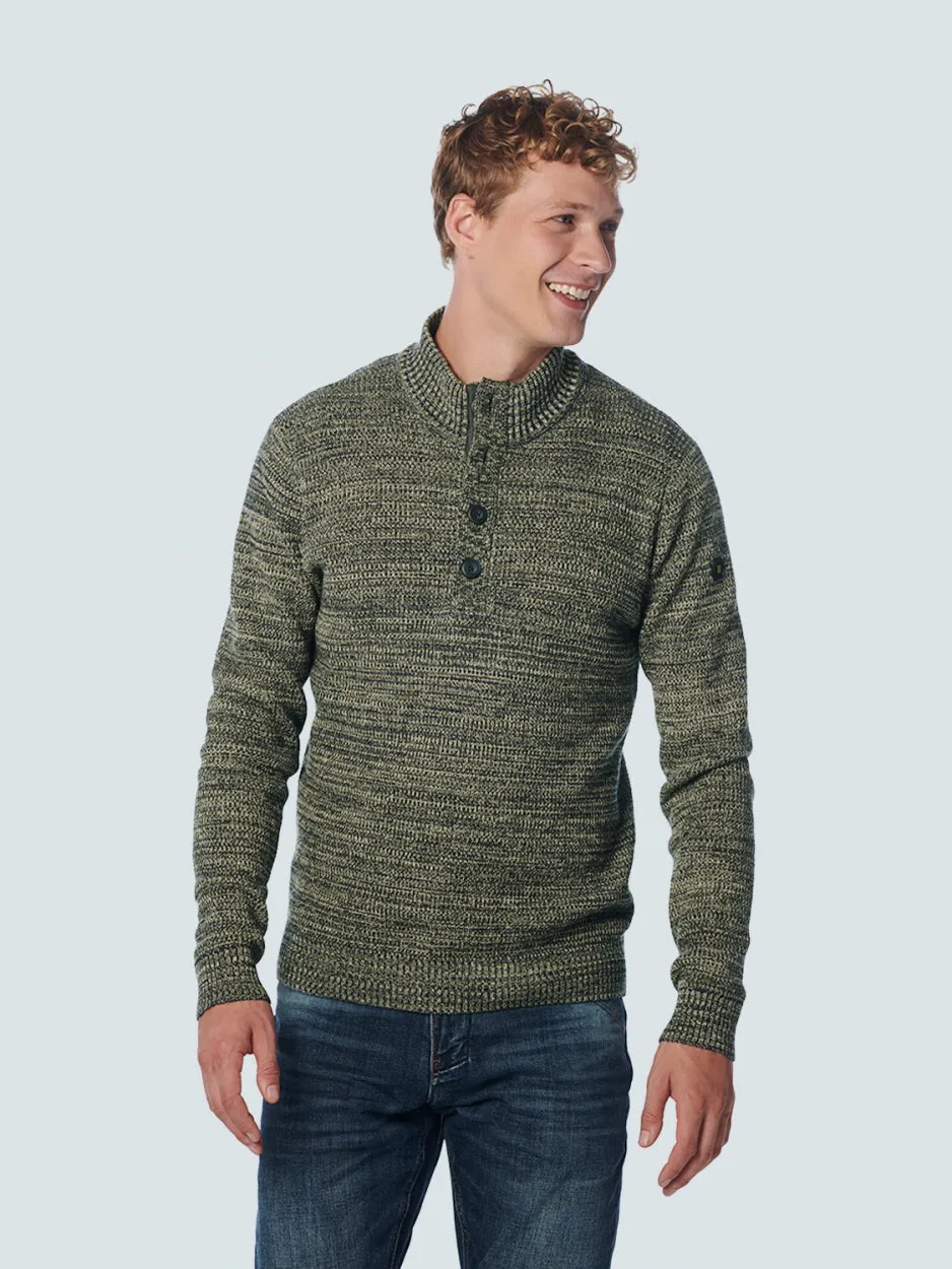 Pullover Half Zipper   Button Multi Coloured Jacquard | Dark Green