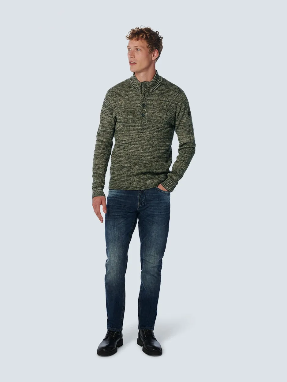 Pullover Half Zipper   Button Multi Coloured Jacquard | Dark Green