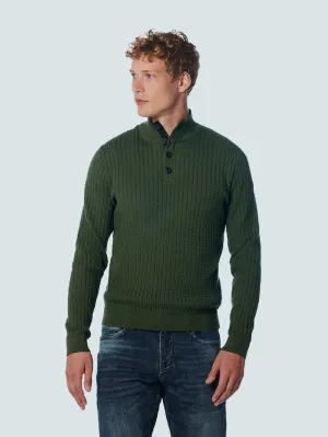 Pullover Half Zipper   Button Solid Jacquard Rib | Dark Green