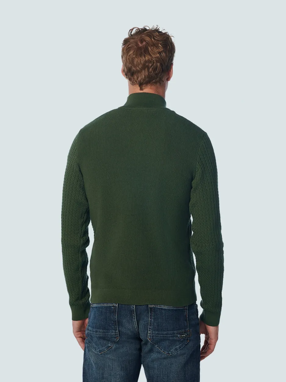 Pullover Half Zipper   Button Solid Jacquard Rib | Dark Green