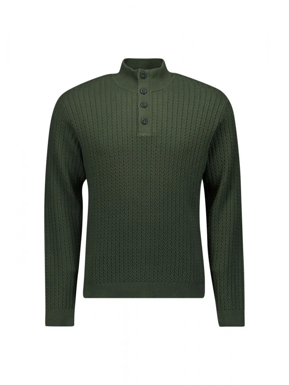 Pullover Half Zipper   Button Solid Jacquard Rib | Dark Green