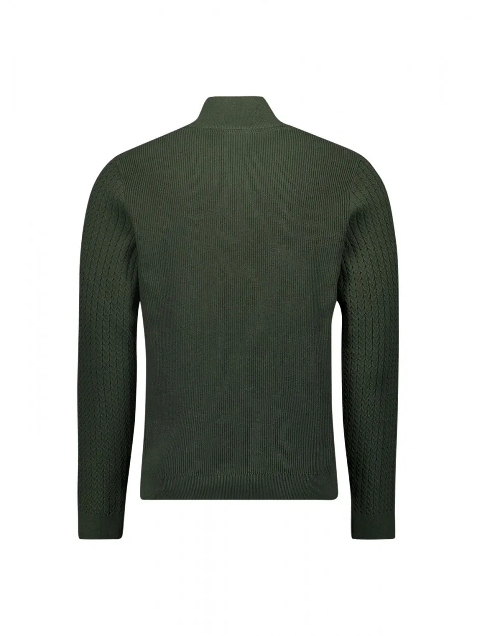 Pullover Half Zipper   Button Solid Jacquard Rib | Dark Green