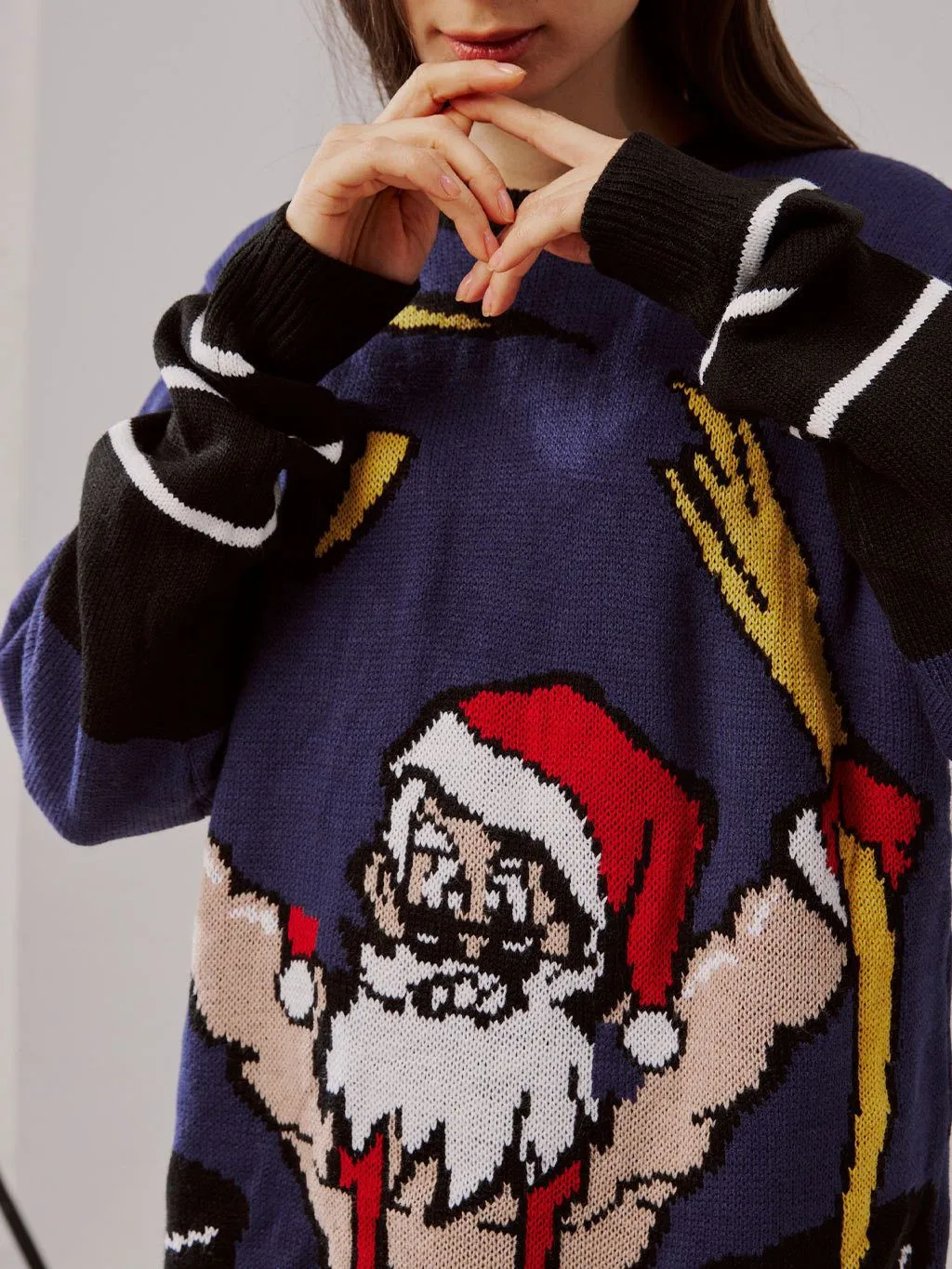 Pullover Sweater with Knitted Embroidered Super Santa Muscle Santa Christmas Pattern Ugly Christmas Sweater