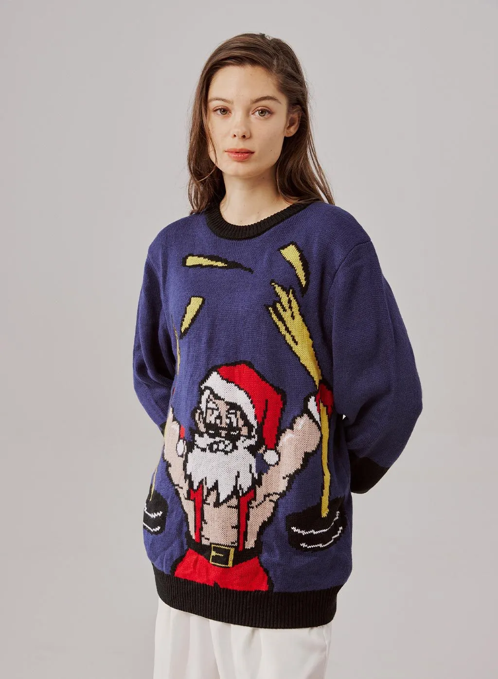 Pullover Sweater with Knitted Embroidered Super Santa Muscle Santa Christmas Pattern Ugly Christmas Sweater